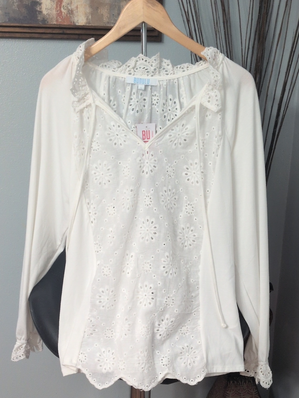 Bunulu Boho White Eyelet Tie-Neck Peasant Blouse NWT